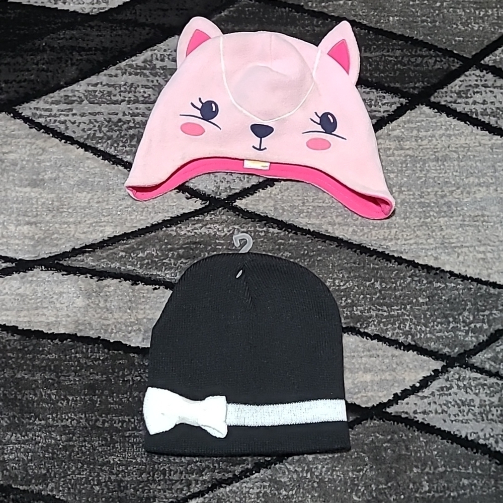 GYMBOREE FLEECE PINK CAT KNIT BLACK W/ WHITE BOW BEANIE STOCKING HATS BUNDLE